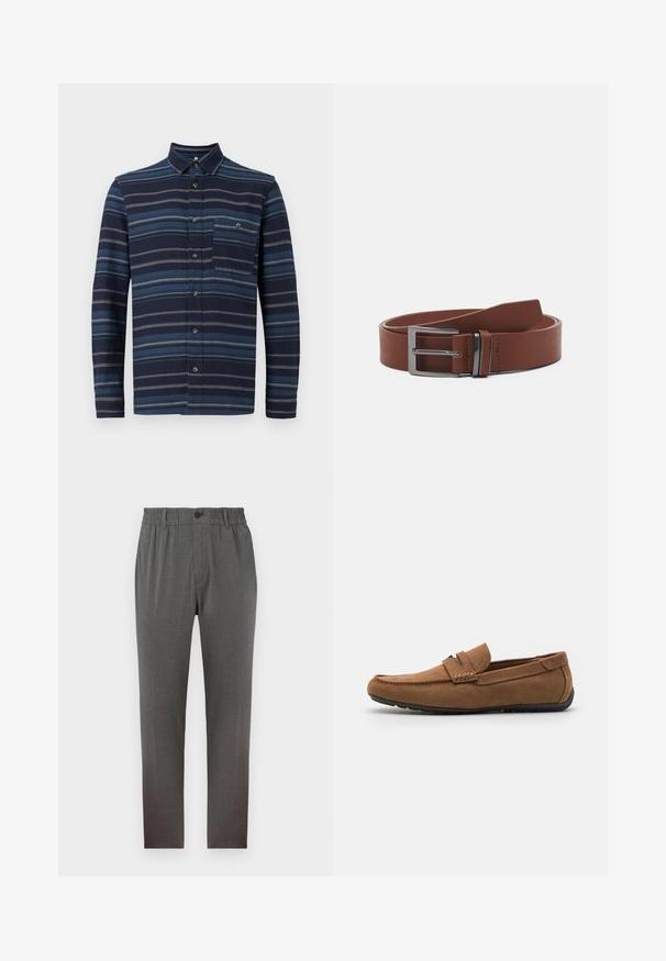 Lange mouw knoopshirt met een marineblauwe achtergrond en verschillende blauwe horizontale strepen, een kraag en een borstzak. Zachte stoftextuur.; Grijze broek met een tailor-made design, voorzien van een elastische tailleband, knoopsluiting en rechte pijpen; gemaakt van zachte, gestructureerde stof.; Bruine suède instappers met een flexibele zwarte rubberen zool, gestikte details op de bovenkant en een klassiek instapontwerp.; Bruine leren riem met een gladde textuur, voorzien van een zilveren metalen gesp en een minimalistisch ontwerp. De riem heeft een ronde punt en nauwkeurige stiksels.