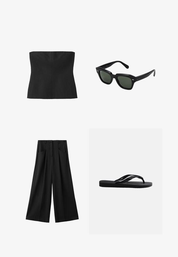Top noir bustier sans bretelles avec coutures structurées et silhouette ajustée.; Pantalon noir à jambes larges avec poches avant, passants pour ceinture, et une fermeture avant dissimulée, présenté sur un fond blanc.; Tongs en caoutchouc noir avec semelle texturée et bride en Y lisse sur un fond clair uni.; Lunettes de soleil carrées noires avec des verres vert foncé, présentant des montures audacieuses et des accents argentés sur les côtés. Fabriquées en Italie.