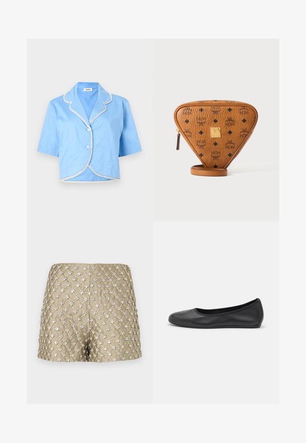 Blouse courte à manches courtes bleu clair avec patte de boutonnage blanche à bords festonnés et détails de bordure de col.; Shorts dorés présentant un motif en treillis diamant avec des ornements décoratifs de couleur argentée, un tissu lisse et une coupe ajustée.; Ballerines en cuir noir avec un bout rond, texture lisse, détails de couture minimalistes et design de semelle flexible.; Sac bandoulière triangulaire en cuir marron avec logos MCM noirs, plaque de marque en métal doré et tirette de fermeture éclair sur fond blanc.