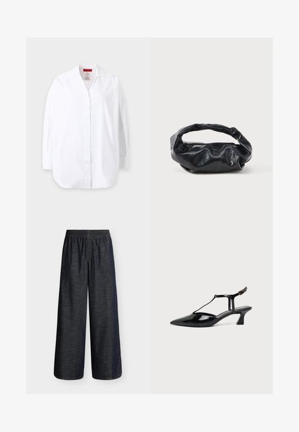 Chemise blanche à manches longues avec col et patte de boutonnage, présentée à plat sur un fond clair.; Pantalon bleu foncé à jambes larges avec taille élastique et sans poches visibles, présenté sur un fond clair uni.; Chaussure slingback en cuir verni noir à bout pointu avec bride en T et petit talon bloc incliné sur fond blanc.; Sac noir en matériau texturé et brillant avec une poignée circulaire torsadée et une fermeture éclair. Présente un design doux et froissé.