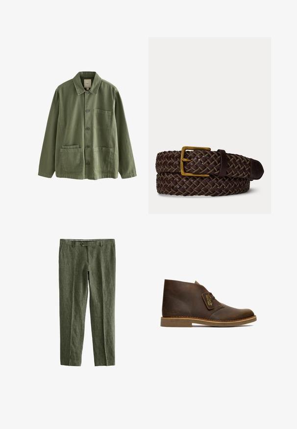 Olivengrøn knapjakke med krave, lange ærmer, én brystlomme og to nederste frontlommer.; Next SIGNATURE - REGULAR FIT - Bukser - olive green; Brune læder ørkenstøvler med rund tå, syede detaljer og en tan gummisål; har et mærket lædertagn på siden.; Mørkebrun flettet læderbælte med guldfarvet rektangulært spænde, snoet på en lys baggrund.
