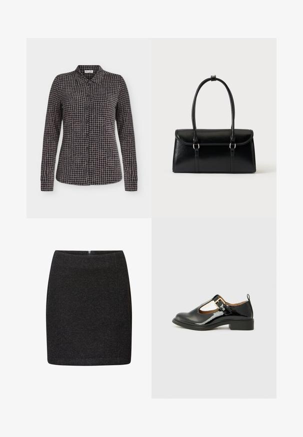 Chemise à manches longues à boutons avec motif à pois noirs et gris et col pointu, présentée sur fond blanc.; Mini-jupe noire en tissu texturé avec une coupe slim, dotée d'une fermeture éclair au dos et de coutures nettes. Design simple sans motifs visibles.; Chaussure Mary Jane en cuir verni noir avec un bout arrondi, une sangle au niveau de la cheville, un détail de boucle dorée et un petit talon carré. Texture lisse.; Sac à main rectangulaire en cuir noir avec fermeture à rabat et deux longues anses sur fond blanc uni.