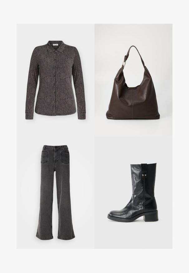 Chemise à manches longues à boutons avec motif à pois noirs et gris et col pointu, présentée sur fond blanc.; Jean noir taille haute à jambes larges en denim, avec une fermeture à bouton, des passants de ceinture et deux poches arrière avec des accents cousus.; Bottine en cuir noir avec un bout arrondi, un talon empilé modeste et un onglet décoratif sur le côté. Le matériau a une finition lisse et polie.; Zign by Zalando LEATHER - Cabas - chocolate brown