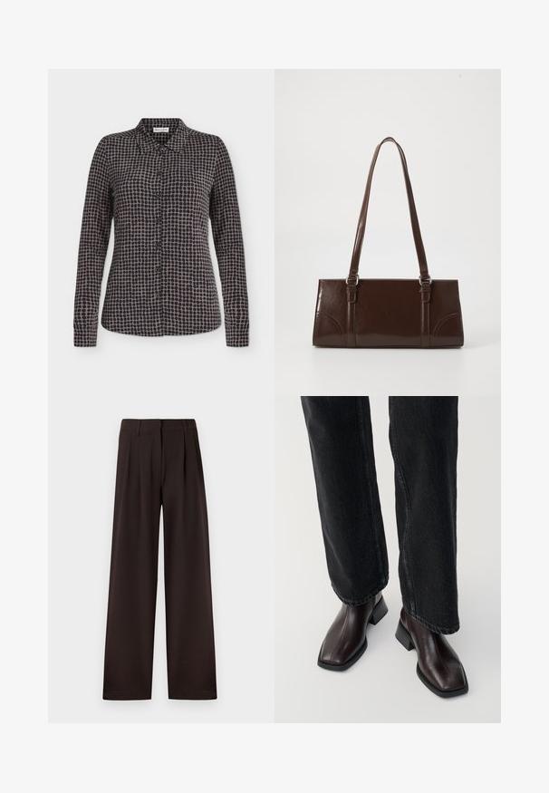 Chemise à manches longues à boutons avec motif à pois noirs et gris et col pointu, présentée sur fond blanc.; Pantalon marron foncé à jambes larges avec plis et passants pour ceinture, doté d'une fermeture éclair avant et d'un ourlet net sur un fond uni.; Bottines en cuir marron avec un orteil carré et un talon carré, associées à un jeans noir à jambes larges. Texture lisse et design minimaliste.; Sac à main en cuir verni marron de forme rectangulaire, avec deux longues poignées et des accents courbés subtils à l'avant.