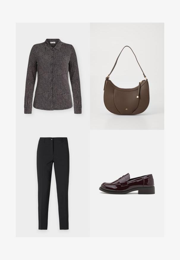 Chemise à manches longues à boutons avec motif à pois noirs et gris et col pointu, présentée sur fond blanc.; Pantalons noirs ajustés en tissu lisse, avec une taille classique, une fermeture éclair sur le devant et des poches latérales au design élégant et sur mesure.; Mocassins en cuir verni bordeaux avec un petit talon bloc, présentant des coutures traditionnelles et un accent de sangle sur le devant.; Sac à main en cuir brun avec une forme courbée, accentué par un petit détail en métal doré et une surface texturée, doté d'une fermeture éclair.