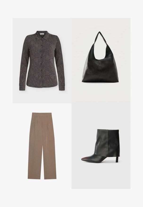 Chemise à manches longues à boutons avec motif à pois noirs et gris et col pointu, présentée sur fond blanc.; Pantalons plissés marron avec une coupe large, dotés d'une taille plate et de poches latérales, fabriqués à partir d'un tissu léger.; Bottine noire en cuir lisse avec un bout pointu et un talon effilé. La tige présente un design légèrement froncé.; Sac bandoulière en cuir noir lisse avec une large sangle unique et un design décontracté et minimaliste sur un fond uni.