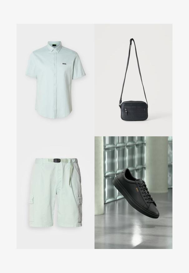 Camisa de manga corta color azul claro con botones y cuello abotonado, con el logo negro "BOSS" en el lado izquierdo del pecho.; Pantalones cortos cargo verde claro fabricados con un tejido ligero, que cuentan con un cinturón, bolsillos laterales y un corte relajado.; Zapatilla baja de piel negra con cordones negros y logo dorado BOSS en el lateral, flotando sobre un suelo gris brillante en un espacio interior moderno.; Bolso bandolera negro con un bolsillo frontal con cremallera, superficie texturizada y correa ajustable colgado sobre un fondo claro y liso.