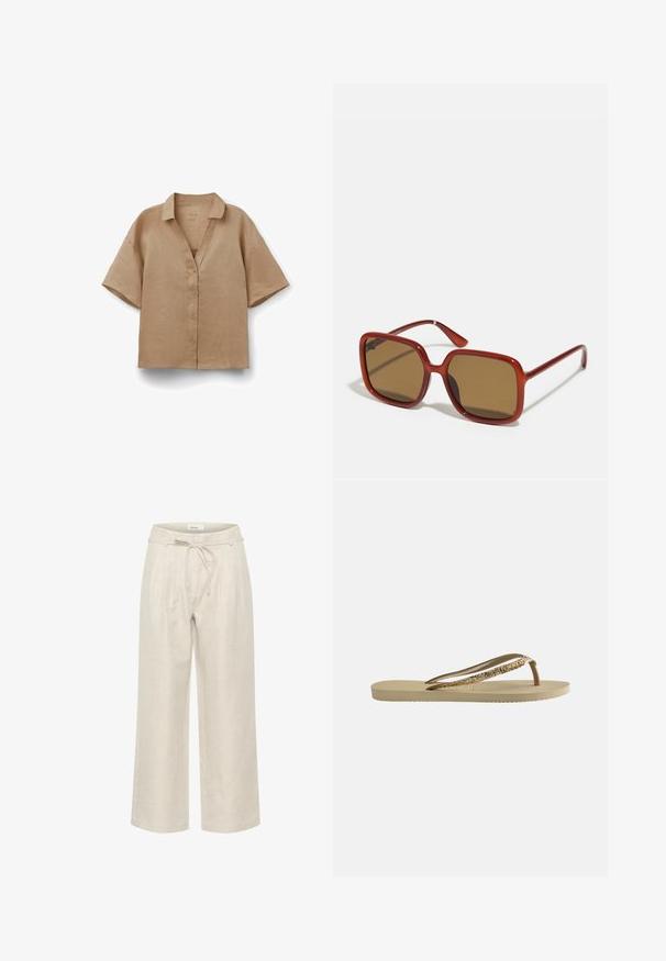 Beige kortærmet linned skjorte med krave og løs pasform, vist på hvid baggrund.; Beige linned brede bukser med elastisk talje og frontfolder, i en glat tekstur og ankellængde.; Beige flip-flop sandal med tekstureret sål og glitrende gyldne stropper, vist mod en ensfarvet lys baggrund.; Røde firkantede solbriller med brune tonede linser. Tykk, blank ramme og smalle stænger med små detaljer på siden for visuel interesse.
