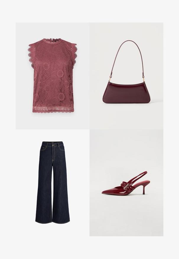 Ærmeløs bluse i støvet malva med blonder og blomsterdesign, bølgede kanter på ærmer og kant, samt høj halsudskæring med knaplukning bagpå.; Mørkeblå vidde jeans med frontknap og lynlås, for- og møntlommer samt synlige kontrastsømme.; Røde patenteret læder slingback hæle med spids tå, to spændebånd og en slank, mellemhøj stiletto hæl. Glat tekstur.; Mørk burgunderglans håndtaske med et enkelt tyndt håndtag og en elegant, trapezformet form på en ensartet lys baggrund.