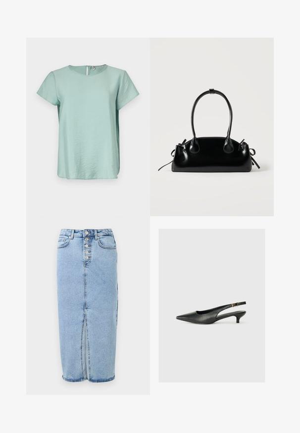 Haut vert menthe à manches courtes avec un col rond et une petite ouverture en forme de clé au dos, fabriqué dans un tissu lisse et léger.; Jupe midi en denim bleu clair avec fermeture à boutons sur le devant, fente avant, passants pour ceinture et deux poches avant.; Chaussure slingback noire à bout pointu en cuir lisse. Présente un talon fin et un détail de boucle sur la sangle réglable.; Petit sac à main noir brillant avec deux longues anses et des détails à cordon sur les côtés sur un fond clair uni.