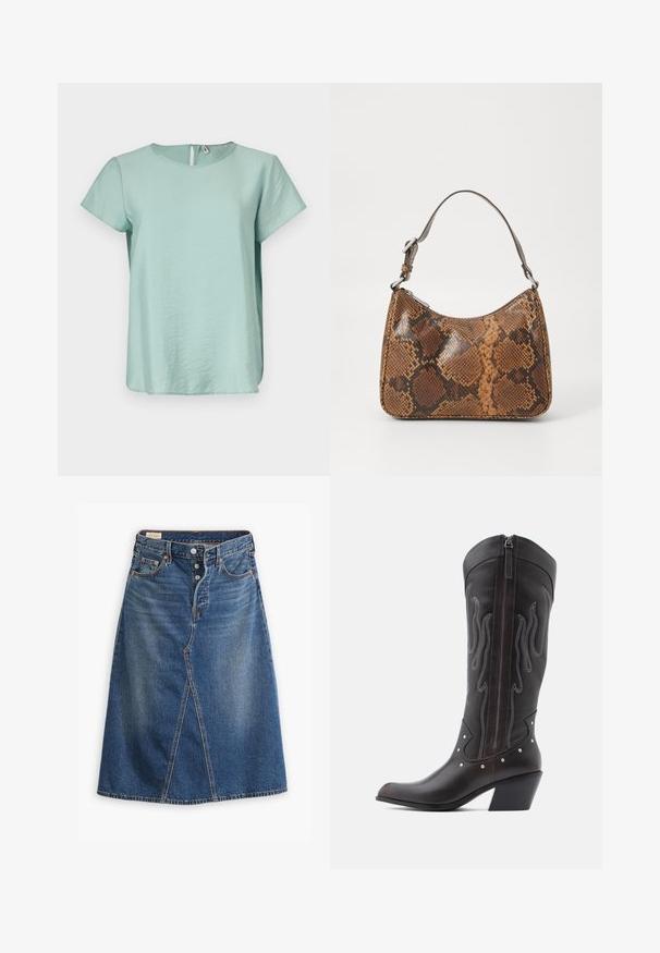 Mintgrøn kortærmet bluse med rund halsudskæring og en lille nøglehulåbning i ryggen, lavet af et glat og let materiale.; Denimnederdel i medium vask blå med A-linjeform, frontslids, fem lommer og knaplukning i taljen.; Brune læder cowboystøvler med flammebroderi, sidelukning med lynlås, sølvnitter, spids snude og lagdelt hæl.; Lille håndtaske med brun og sort slangeskinn mønster, kort justerbar rem og lynlåslukning.