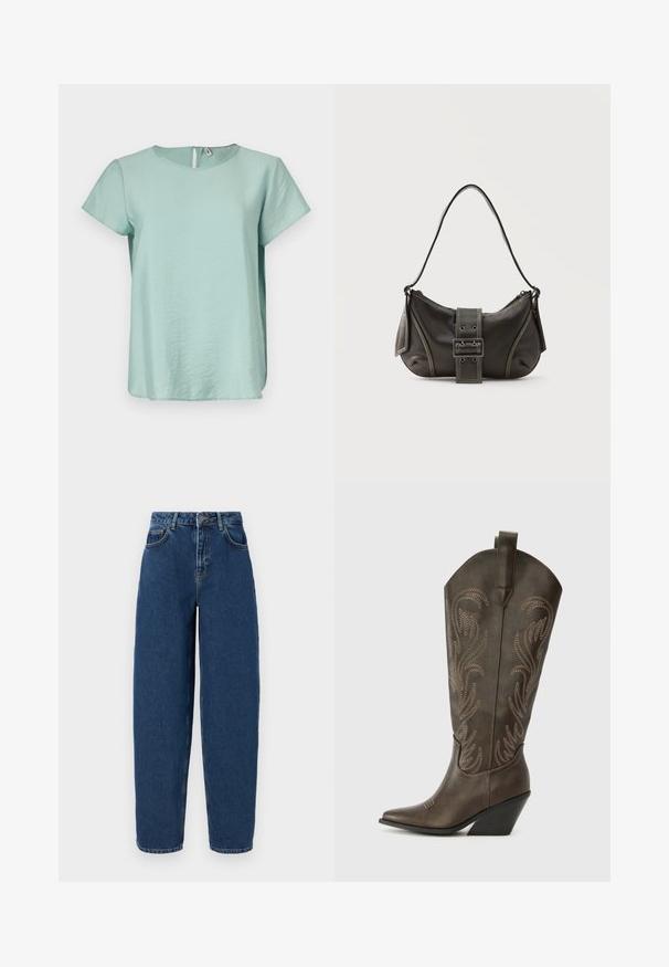 Mintgrøn kortærmet bluse med rund halsudskæring og en lille nøglehulåbning i ryggen, lavet af et glat og let materiale.; Mørkeblå denim jeans med høj talje, bred benpasform, fem-lomme design og kontrasterende syninger. Klassisk lynlås og knaplukning.; Brune læder cowboystøvle med spids tå, kilehæl og dekorativ broderi. Har en høj stok og en trækflap.; Sort læder skuldertaske med spænde på remmen, afrundede kanter og kontrasterende hvide syninger på en ensfarvet baggrund.