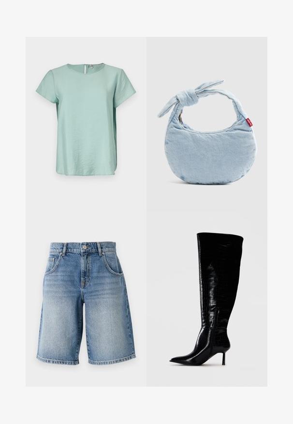Mintgrøn kortærmet bluse med rund halsudskæring og en lille nøglehulåbning i ryggen, lavet af et glat og let materiale.; Lysblå denimshorts med lige pasform, fem lommer og bronzefarvet hardware. Har en rå kant og en falmet vaskemæssig struktur.; Støvler i sort læder til knæene med en blank, krokodillemønster-finish. Spids tå og tynd hæl; har en sidelukning med lynlås.; Lyseblå denim skuldertaske med knudedetalje på håndtaget og en lille rød Levi's-mærkat på siden.