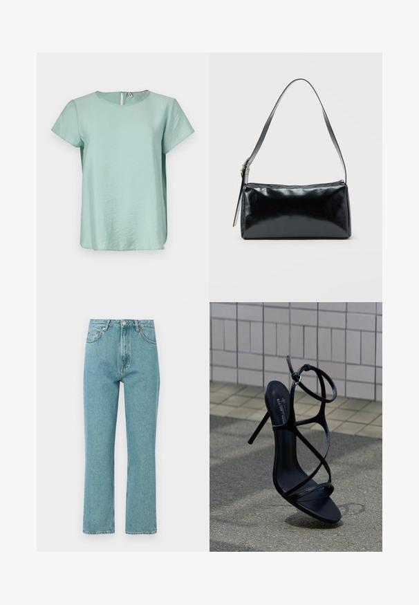 Haut vert menthe à manches courtes avec un col rond et une petite ouverture en forme de clé au dos, fabriqué dans un tissu lisse et léger.; Jeans bleu clair taille haute avec une coupe droite. Fabriqués en denim, comportent des poches frontales et une fermeture à bouton.; Sandale noire à talon haut avec fines lanières et boucle à la cheville, positionnée debout sur un trottoir gris près d'un mur carrelé en arrière-plan.; Sac d'épaule rectangulaire noir avec une sangle réglable unique et une fermeture éclair supérieure sur un fond uni.