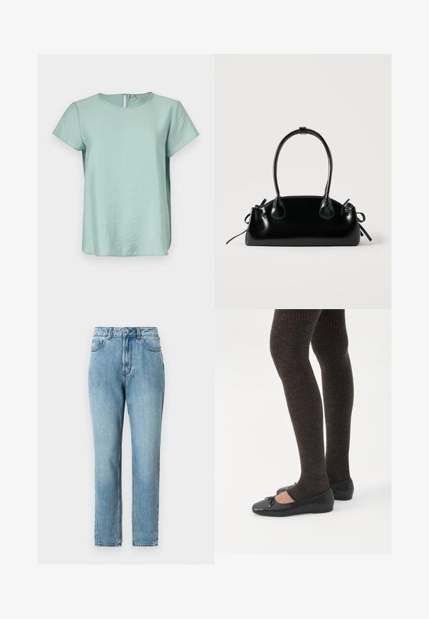 Müntroheline lühikeste varrukatega tops, millel on ümar kaelus ja väike võtmeauk seljaosas, valmistatud siledast ja kergest kangast.; TOM TAILOR DENIM Mom jeans - clean mid stone blue denim; Jalad seljas tumedad soonelises soonelises kombines mustade baleriinadega, millel on väikesed paelade detailid valgel taustal.; Väike must läikiv käekott kahe pika sangaga ja külgedel paelakinnitustega, ühel lihtsal helel taustal.