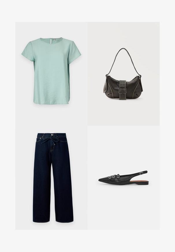 Haut vert menthe à manches courtes avec un col rond et une petite ouverture en forme de clé au dos, fabriqué dans un tissu lisse et léger.; Jean large bleu foncé en denim, doté d'une fermeture à bouton à l'avant et d'une taille à cordon, avec des détails de couture contrastants.; Chaussure plate noire en cuir avec un bout pointu, dotée de deux lanières horizontales et de boucles carrées en argent, avec un faible talon et une texture lisse.; Sac à épaule en cuir noir avec une sangle à boucle, des bords arrondis et des coutures blanches contrastées sur un fond uni.