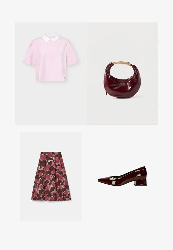 Blouse à manches courtes à rayures verticales roses et blanches avec un col pointu blanc et un logo brodé discret près de l'ourlet.; Une jupe évasée avec un motif floral dans des tons de rose et de marron, fabriquée en tissu léger avec des plis à la taille.; Escarpin brillant pour femme, de couleur bordeaux foncé, à talon bas et bloc, avec bout pointu, présenté en profil latéral sur fond blanc.; Sac à main en simili cuir bordeaux avec une forme arrondie, des détails froncés et une anse en métal doré. Texture lisse et finition brillante.