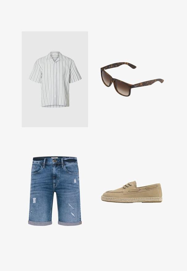 Wit kort mouw overhemd met knopen, met verticale dunne grijze strepen en een campkraag op een effen achtergrond.; Denim shorts in medium blue met verweerde details, omgeslagen zoom, vijf zakken en een metalen knoopsluiting. Standaard pasvorm.; Beige suède loafer in moccasijnstijl met zool met touwstiksels, veterogen en decoratieve zijveter op een witte achtergrond.; Kattenoog zonnebril met bruine gradient lenzen, rechthoekige vorm, dikke monturen en een zilveren logoaccent aan de zijkant.