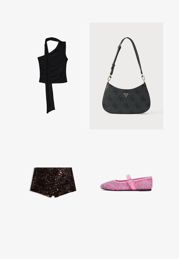 Haut sans manches noir avec une seule bretelle, mettant en valeur un accent fluide et drapé ainsi qu'une texture froncée sur le côté. Fabriqué à partir d'un tissu doux.; Shorts en sequins dans des teintes noires et bronzées, présentant une surface texturée avec un éclat scintillant et un ourlet droit.; Chaussure plate Mary Jane tissée rose avec bride réglable à boucle et semelle noire, vue de profil sur fond blanc.; Sac à main noir à la forme courbée, fabriqué en matériau texturé, doté d'un logo, de ferrures dorées et d'une sangle réglable.