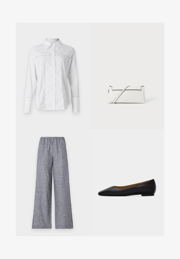 Camisa blanca de manga larga hecha de algodón, con cierre mediante botones en la parte delantera, que presenta detalles de cortes verticales a lo largo de las costuras y un cuello clásico.; Pantalones de pierna ancha en una tela gris texturizada. Cuentan con una cintura elástica para mayor comodidad. El diseño es minimalista, sin patrones o acentos visibles.; Zapato plano de punta puntiaguda de cuero negro con tacón bajo y acabado liso, mostrado de perfil sobre un fondo gris claro.; Bolso de mano de cuero blanco con una textura suave, forma plana, cierre de cremallera y correa delgada. Presenta un borde negro contrastante y un logo sutil.