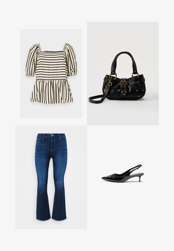 Sort og hvid stribet bluse med puffede korte ærmer, firkantet udskæring og en rynket peplum talje.; Mørkeblå bootcut jeans lavet af denim, med fem lommer, lynlås og knaplukning samt kontrastsyninger langs sømmene.; Sorte læder slingback-pumps med spids tå, lav kitten-hæl og rynket detalje på overdelen. Glat tekstur og minimalistisk design.; Sort læderhåndtaske med guldbælge og nitdetaljer, korte håndtag og en justerbar skulderrem på en ensfarvet hvid baggrund.