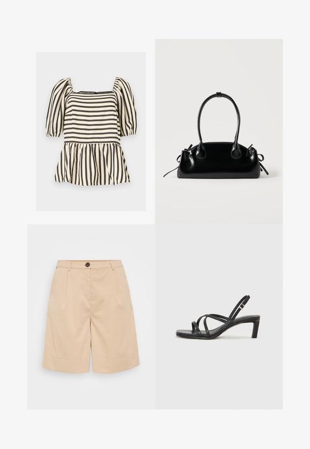 Schwarz-weiß gestreifte Bluse mit gepufften kurzen Ärmeln, quadratischem Ausschnitt und einem gerafften Peplum-Taille.; Beige Baumwollshorts mit maßgeschneidertem Design, ausgestattet mit einem Knopfverschluss, vorderen Falten und einem umgeschlagenen Saum für zusätzliche Details und Struktur.; Schwarze Sandale mit Riemchen, quadratischer Zehenform und niedrigem Blockabsatz. Verfügt über mehrere dünne Riemen und einen verstellbaren Knöchelriemen. Hergestellt aus glattem Leder.; Kleine schwarze glänzende Handtasche mit zwei langen Griffen und seitlichen Kordelzug-Details vor einfachem hellem Hintergrund.