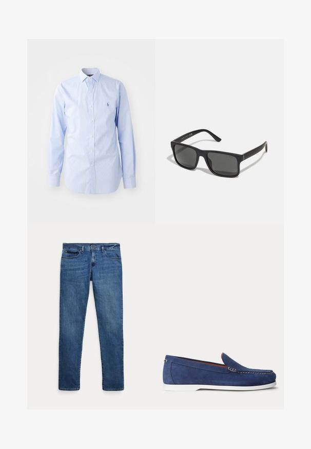 Hellblaue gestreifte Langarmbluse aus Baumwolle. Verfügt über einen Button-Down-Kragen, eine Knopfleiste mit Knöpfen und ein gesticktes Logo auf der Brust.; Blaue Jeans aus Denim mit schmalem Schnitt, ausgestattet mit vorderen Taschen, Gürtelschlaufen und einem Knopfverschluss vor weißem Hintergrund.; Blauer Wildleder-Slipper mit weißer Sohle und beiger Naht am oberen Rand, dargestellt vor einem schlichten weißen Hintergrund.; Schwarze rechteckige Sonnenbrille mit dunklen Gläsern und matter Oberfläche. Enthält das eingeprägte "POLO"-Logo an den Bügeln und ein robustes Rahmendesign.