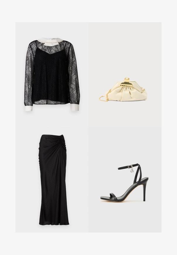 Zwarte kanten blouse met lange mouwen, witte kraag met strik en versieringen, textuurafwerking en een losse silhouet.; Zwarte midi rok van soepel materiaal met een gedrapeerd ontwerp, gestructureerde stippen en gerimpelde details bij de taille.; Zwarte sandaal met hoge hak, smalle enkelband, vierkante neus, soepel leermateriaal en metalen gespsluiting.; Crèmekleurige clutch gemaakt van zacht materiaal, met een gouden sluiting en kettingriem, met een geplooid ontwerp op het lichaam.