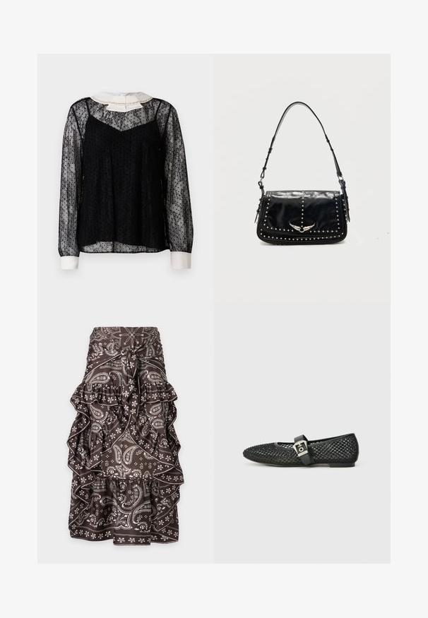 Blouse en dentelle noire à manches longues, col blanc avec un nœud et des ornements, finition texturée et silhouette ample.; Jupe marron avec motifs paisley et floraux blancs, volants superposés et nœud à l'avant à la taille.; Ballerines à bout pointu en résille noire, dotées d'un talon plat et d'une bride à boucle autour de la cheville ; surface texturée avec un motif tissé.; Sac à épaule en cuir noir avec des clous argentés et un emblème métallique ailé sur le rabat avant sur fond uni.
