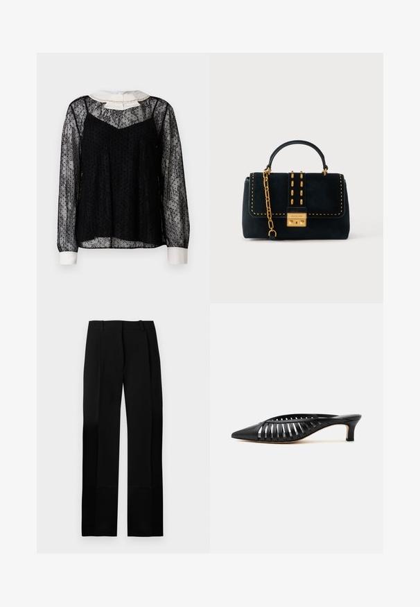 Blouse en dentelle noire à manches longues, col blanc avec un nœud et des ornements, finition texturée et silhouette ample.; Pantalon noir sur mesure avec une texture lisse, coupe droite et plis à l'avant. Comprend une ceinture plate sans quincaillerie visible.; Mule en cuir noir avec bout pointu, design découpé à brides et petit talon kitten sur fond blanc.; Sac à main en daim noir avec détail chaîne dorée, clous, et poignée supérieure, doté d'une fermeture rectangulaire dorée gravée "Michael Kors".