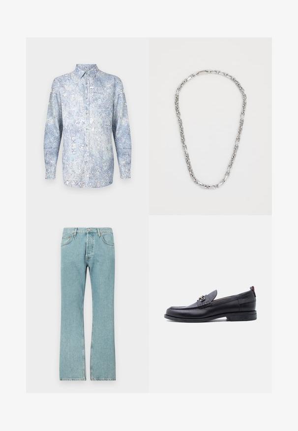 Lyseblå skjorte med knapper foran, prydet med blomsterprint, lange ærmer og klassisk krave. Fremstillet af blødt stof med en glat tekstur.; Lysblå denimjeans med lige ben-design, der har fem lommer og en knaplukning. Synlige sømme og frynsedetaljer i kanten.; Sort lædermokasin med grå tekstureret forfod, sølvfarvet metalspænde, lav hæl og trækflap bagpå.; Calvin Klein ASPIRE - Halskæder - silver-coloured