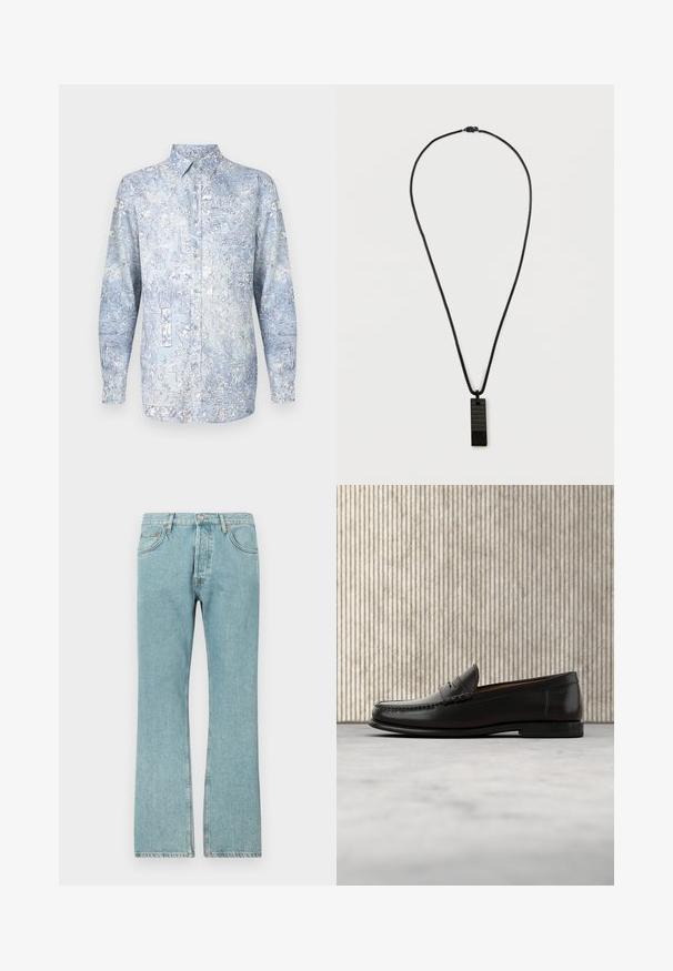Lyseblå skjorte med knapper foran, prydet med blomsterprint, lange ærmer og klassisk krave. Fremstillet af blødt stof med en glat tekstur.; Lysblå denimjeans med lige ben-design, der har fem lommer og en knaplukning. Synlige sømme og frynsedetaljer i kanten.; Sort læder penny loafer med lav hæl, rundet tå og syningsdetaljer langs fronten og siderne, vist på neutral baggrund.; Sort halskæde med en tekstureret rektangulær vedhæng, der har en glat overflade og en sort snor kæde.