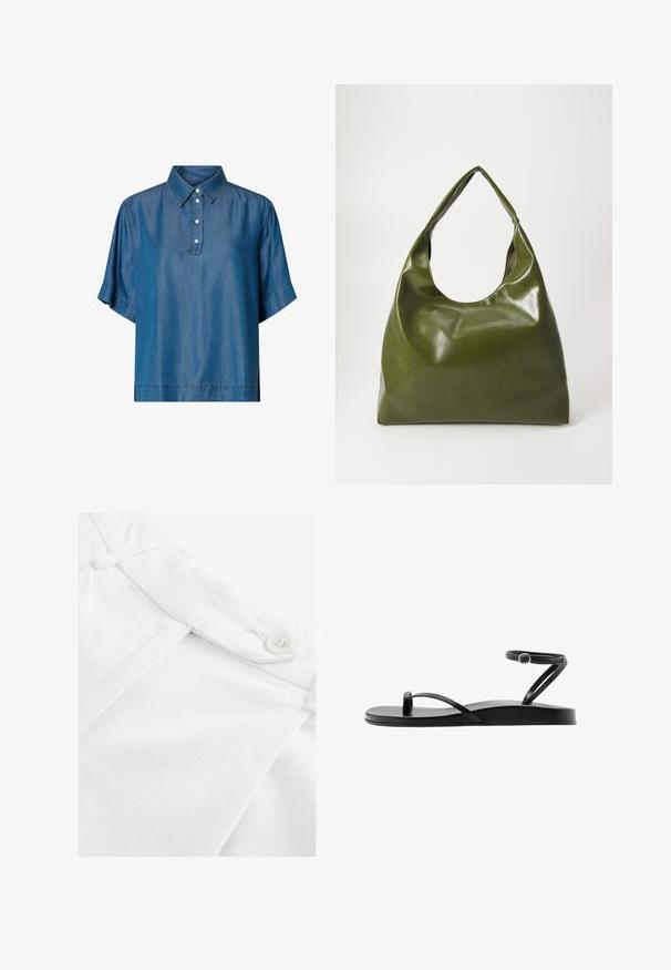 Chemise en jean bleu à manches courtes avec col et patte de boutonnage à quatre boutons sur fond blanc.; Tissu en coton blanc avec un devant plat, présentant un bouton et un petit plissé au niveau de la taille. Texture lisse, design classique.; Sandale plate noire avec fines lanières, boucle pour l’orteil et bride de cheville avec une petite boucle ronde, vue de profil.; Sac hobo en cuir vert au design décontracté, avec une poignée incurvée et une texture lisse. Ne contient aucun matériel ou accent visible.