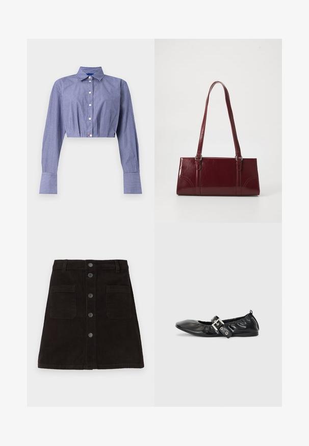 Chemise courte rayée bleue avec un devant boutonné, des manches longues, un col classique et des poignets larges. Fabriquée en tissu léger.; Jupe A-line en velours côtelé marron avec un devant à boutons, deux poches avant et des rayures verticales texturées. Taille standard avec passants de ceinture.; Chaussure plate en cuir noir avec un nez pointu, des détails froncés autour de l'ouverture et un accent en boucle argentée sur la bride ajustable.; Sac à main bordeaux en matériau brillant, de forme rectangulaire, avec deux anses et des accents légèrement courbés à l'avant.