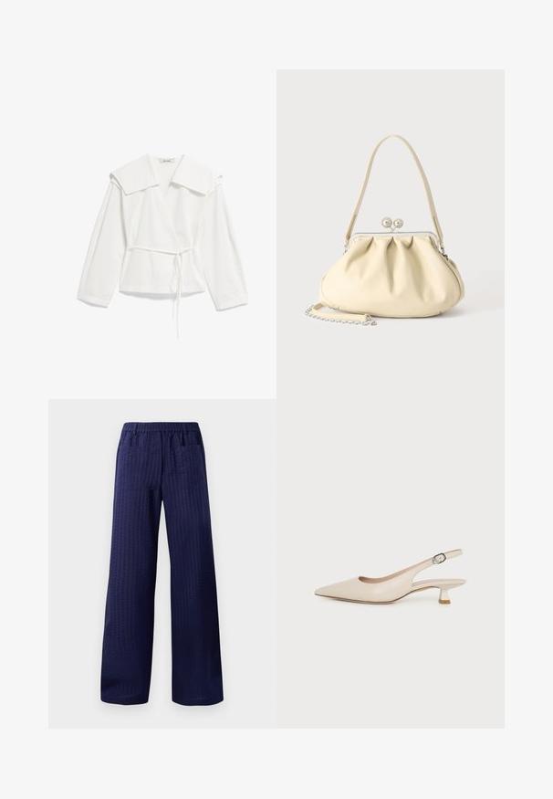 Blusa blanca de manga larga con escote cruzado, cuello sobredimensionado y cinturón fino a la cintura, confeccionada en tela ligera, presentada extendida sobre un fondo blanco.; Pantalones de pierna ancha en color navy con un acabado texturizado, cinturilla elástica y dos bolsillos traseros. Fabricados con un tejido ligero y transpirable.; Zapato slingback beige de punta picuda con tacón bajo tipo kitten y hebilla lateral ajustable sobre un fondo blanco liso.; Bolso de mano de piel suave color crema con diseño fruncido, cierre de marco plateado, asa corta y una correa de cadena desmontable.
