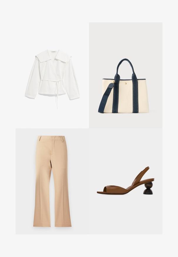 Hvid bluse med lange ærmer og slå-om-design, med oversized krave og tynd taljebånd, lavet af letvægtsstof, vist fladt på hvid baggrund.; Beige brede bukser med en glat tekstur, der har en mid-rise talje og rene frontfolder. Simpel design, ingen synlige udsmykninger.; Brun åben tå slingback-sandal med en karakteristisk rund, todelt træhæl på en ensartet lys baggrund.; Beige rektangulær shopper-taske med mørkeblå håndtag, lodrette stropper og en justerbar skulderrem mod en ensfarvet baggrund.