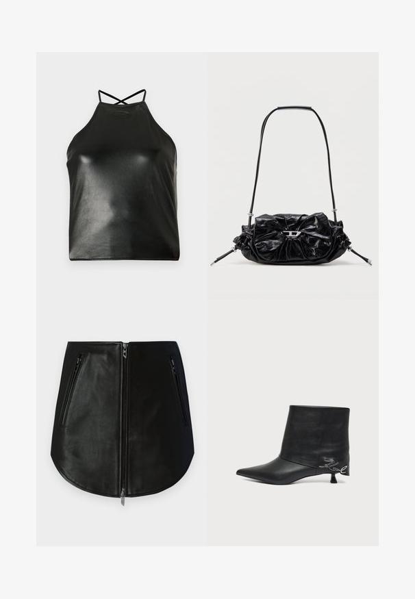 Haut noir à col licou en similicuir brillant. Dispose de bretelles croisées dans le dos et d'un logo discret embossé près de l'encolure.; Mini-jupe en cuir noir avec deux poches zippées à l'avant. Elle présente une texture lisse et un ourlet incurvé. Les fermetures éclair sont métalliques.; Bottine en cuir noir avec bout pointu, petit talon kitten et détail écrit argenté près du talon.; Sac à main en cuir noir avec un design froncé et un détail en forme de nœud sur le devant. Dispose d'une poignée courte et d'accents de quincaillerie argentée.