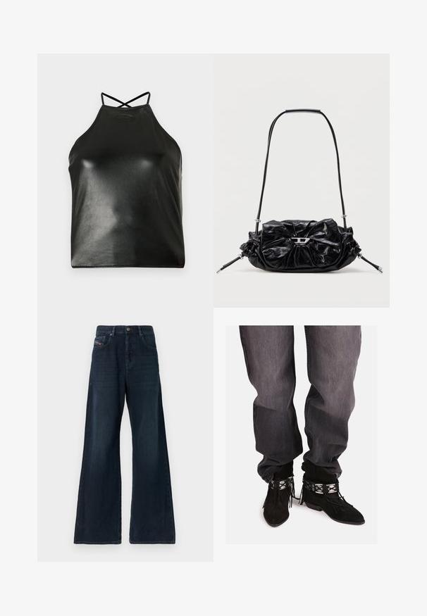 Zwarte haltertop van glanzend nep leer. Voorzien van gekruiste bandjes aan de achterkant en een subtiel geperst logo vlakbij de halslijn.; Wijde donkere denim jeans met een mid-rise taille, voorzakken, subtiele slijtage-effecten en een nette zoom. Voorzien van een metalen knoopsluiting.; Zwarte suède enkellaarsjes met franjerand, zilveren decoratieve accenten en een spitse neus, gecombineerd met loszittende grijze denim jeans.; Zwarte leren handtas met een geplooid design en een strikdetail aan de voorkant. Voorzien van een korte handgreep en zilverkleurige metalen accenten.