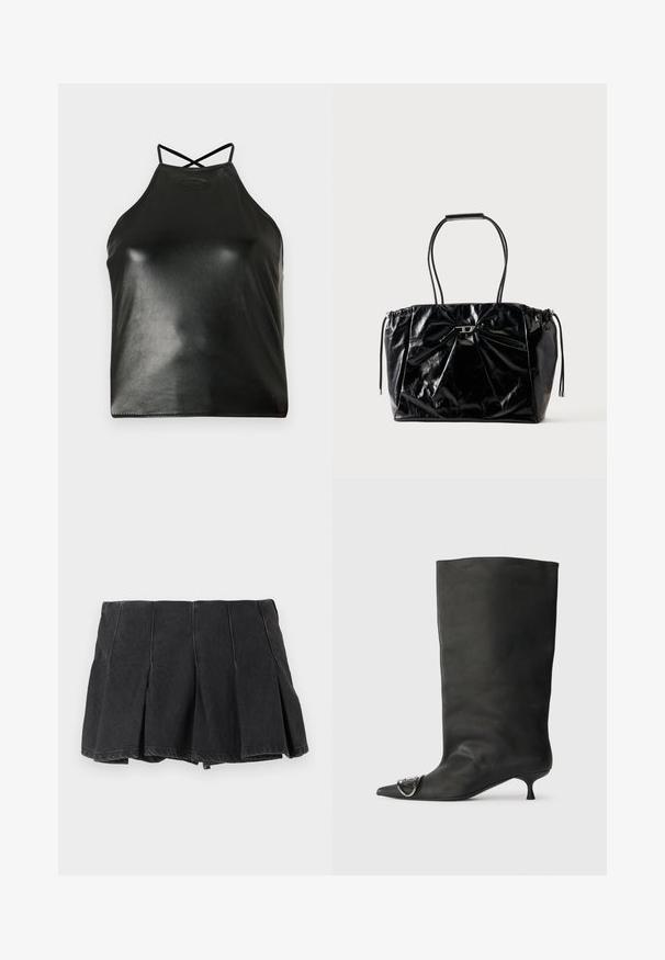 Black halter top made of shiny faux leather. Features crisscross straps at the back and a subtle embossed logo near the neckline.; Black pleated mini skirt with visible seam details, made of denim fabric, shown against a plain light background.; Black leather ankle boot with a pointed toe, small heel, and metallic accent detail on the toe. Smooth, matte texture throughout.; Black glossy handbag with soft, gathered texture, two thin handles, drawstring sides, and a small silver clasp detail on the front.