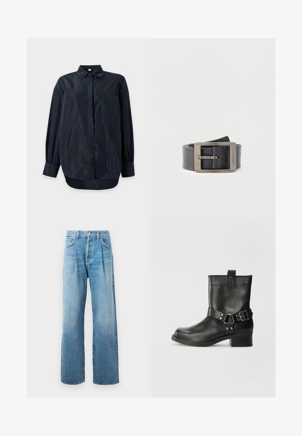 Zwart overhemd met lange mouwen, knopen, kraag en borstzak, getoond op een effen lichte achtergrond.; Lichtblauwe high-waist rechte jeans met voorplooien, vijf zakken, knoopsluiting en zichtbare stiksels op een witte achtergrond.; Samsøe Samsøe SABRENTA - Cowboy-/Bikerlaarsjes - black; Zwarte leren riem met een rechthoekige zilverkleurige metalen gesp, met een gestructureerde afwerking en een soepel strapdesign.