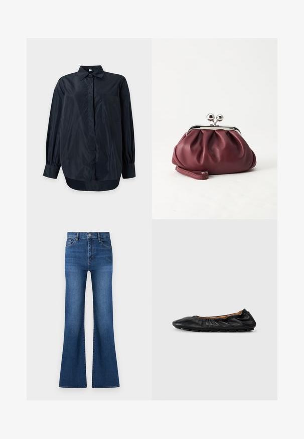 Chemise noire à manches longues, boutonnée, avec col et poche poitrine, présentée sur un fond clair uni.; Jean en denim bleu taille haute avec fermeture à boutons, poches avant, et jambes larges légèrement évasées sur fond blanc.; Ballerines en cuir noir avec des détails froncés au col, bout rond et semelle en caoutchouc flexible. Texture lisse dans l'ensemble.; Petit sac pochette en cuir bordeaux avec fermoir métallique argenté et bracelet sur fond blanc.