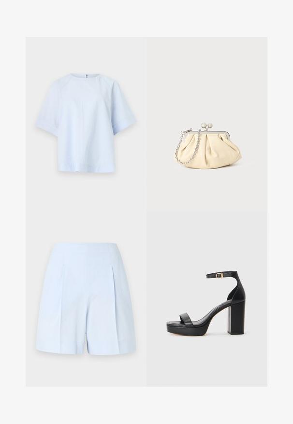 Lichtblauwe blouse met korte mouwen, ronde halslijn en subtiele textuurstof, weergegeven op een effen witte achtergrond.; Lichtblauwe textuurstof korte broek met hoge taille, plooien aan de voorkant en brede zomen tegen een effen achtergrond.; Zwarte platform sandalen met een dikke blokhak, van glad leer, open teen ontwerp en een enkelband met een gouden gesp accent.; Geplooide beige leren clutch met een zilveren metalen frame, voorzien van twee ronde decoratieve sluitingen en een zilveren kettingriem.