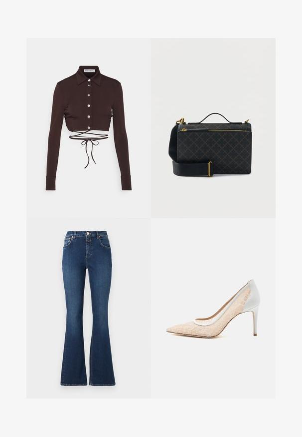Brun cropped langærmet skjorte med krave, prydet med sølvknapper og detaljer med bånd i taljen. Glat stof med en tætsiddende pasform.; CLOSED JOVANNA - Flared jeans - dark blue; Beige højhælet pumpe med spids tå og hvid blonder overlay, hvid hæl og kant, sat mod en ensartet lys baggrund.; Sort håndtaske med en tekstureret overflade med et mørkt diamantmønster, guldfarvet metal, øverste håndtag og en aftagelig skulderrem.