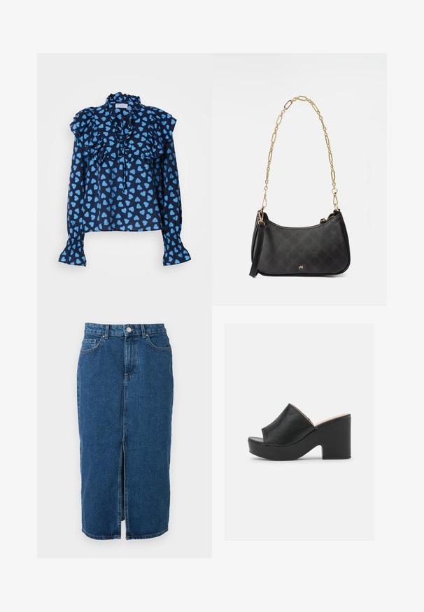 Blusa de color navy con estampado de corazones azul claro, escote y mangas con volantes, cierre con lazo en la parte delantera y puños fruncidos.; Falda vaquera azul de longitud media con abertura central frontal, trabillas para cinturón, bolsillos delanteros y cierre con botón en la cintura.; Las mulas de cuero negro con punta abierta cuentan con una amplia tira frontal y un chunky tacón alto con una textura suave. Se muestra la vista lateral.; Bolso de mano de cuero negro con una forma estructurada, que presenta un patrón texturizado, correa de cadena dorada y cierre de cremallera. Detalle destacado del logotipo en el frente.