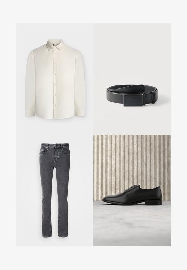 Weißes Hemd mit langen Ärmeln, spitzem Kragen und durchgehendem Knopfverschluss, zentriert auf schlichtem hellem Hintergrund.; Dunkelgraue Jeans aus Denim, gerader Schnitt, fünf Taschen, kontrastierende Nähte, Reißverschluss und Knopfverschluss. Keine sichtbaren Muster oder Verzierungen.; Schwarze Leder-Halbschuh mit schlankem Design, runder Zehenform, fünf Ösen für die Schnürsenkel und einem kleinen, erhöhten Absatz. Dezentes, geprägtes Logodetail.; Schwarzer Ledergürtel, aufgerollt mit einer rechteckigen mattschwarzen Schnalle und dezent geprägt mit Logo auf weißem Hintergrund.