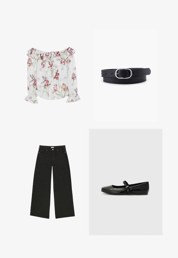 Off-shoulder bluse i hvidt stof med pink og grøn blomstermønster, prydet med flæseärmer og snoretræks-halsudskæring.; Sorte vidde jeans lavet af denim, med høj talje, forlommer og kontrasterende guldtonet hardware. Ren, lige pasform.; Sorte læder balletflade med rund tå, flad sål og en tynd justerbar rem over svangen med en metalspænde.; Sort læderbælte med en glat overflade, oval sølvmetalspænde og flere justeringshuller langs stroppen. Flad, minimalistisk design.