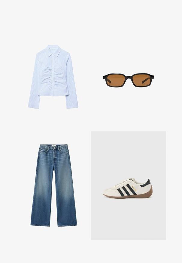 Chemise à manches longues bleu clair avec fines rayures verticales et détails froncés sur le panneau central avant.; Jean en denim bleu à jambes larges avec cinq poches, une fermeture à boutons et des passants pour ceinture.; Baskets blanches Adidas avec des rayures noires, une semelle texturée marron, et le lettrage doré "SPEZIAL" sur le côté, vues du côté extérieur.; Lunettes de soleil rectangulaires noires avec des montures épaisses et des verres teintés marron, vues de face sur un fond blanc.