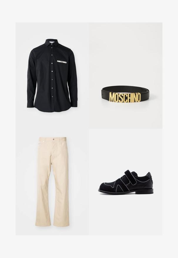 Schwarzes Langarm-Hemd mit Knopfverschluss und Kragen, ausgestattet mit einer silbernen Borten-Taschedetail. Glatte Stoffqualität, klassische Passform und Knopfleiste.; Beige Hose aus Baumwolle mit geradem Bein, zwei vorderen Taschen, Gürtelschlaufen und einem Metallknopfverschluss.; Schwarzer Herrenschuh mit Klettverschluss, Schnürdetail, aus Wildleder und Leder, mit niedrigem Absatz vor weißem Hintergrund.; Schwarzer Leder-Gürtel mit einer großen goldenen "MOSCHINO"-Logo-Schnalle, glatte Textur, verstellbare Größe und minimalistisches Design.