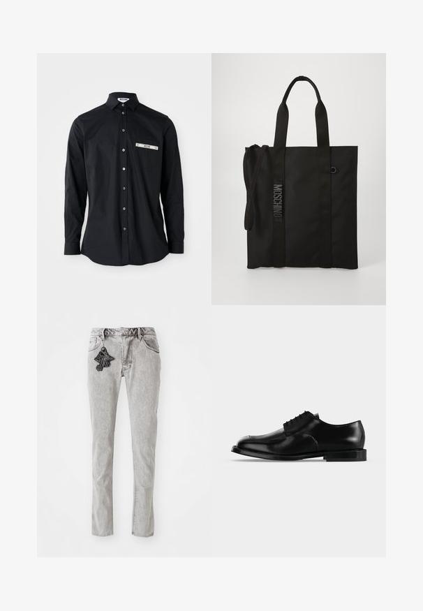 Sort langærmet skjorte med knapper og krave, der har en sølvfarvet båndlomme. Glat stof, klassisk pasform og knaplukning.; Lys grå lige ben denim jeans med lynlås, fem lommer og en dekorativ sort nøglering som accent foran.; Sort lædersko til mænd med snørebånd, glat finish og lav hæl, vist i sideprofil på en ensartet lys baggrund.; Sort tote taske lavet af slidstærkt materiale med korte håndtag og en justerbar skulderrem. Har prægede logo langs remmen.