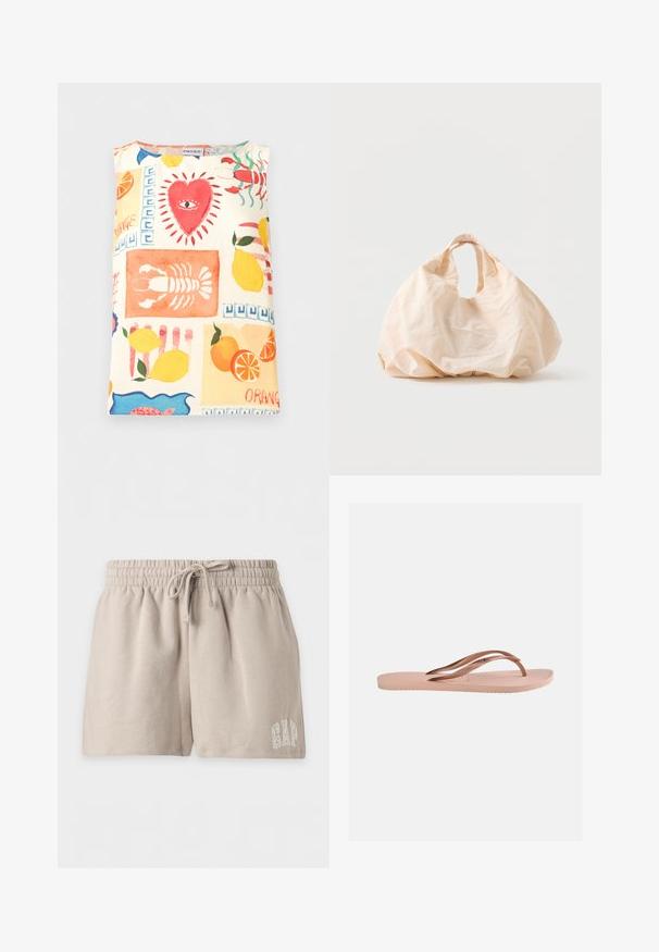 Top sin mangas con estampados coloridos que incluyen un corazón rojo con un ojo, langostas, limones, naranjas y patrones abstractos en azul.; Pantalones cortos beige de tela suave con cintura elástica y cordón, con el logo de GAP bordado en la parte inferior de la pierna derecha.; Chancla única de color rosa claro con suela texturizada y correas metálicas de oro rosa en forma de Y sobre un fondo liso.; Bolsa de tela reutilizable beige con forma redondeada y asas cortas integradas, presentada sobre un fondo blanco liso.